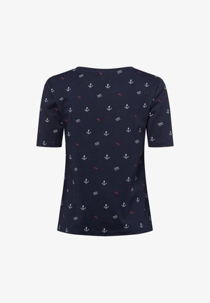Navy t-shirt with short sleeves featuring white anchors and red accents in a repeating pattern, made from soft, breathable cotton fabric.