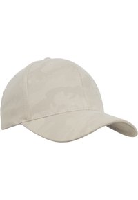 Beige värvi võrkpallimüts, mis on valmistatud kangast, millel on peen kamuflaažimuster, featuring kumer äär ja õmblemise detailid õmbluste äärtes.
