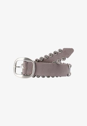 Leather belt in light gray with a silver buckle and decorative studs. Features a textured finish and a pointed end design.