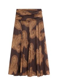 Gonna plissettata marrone con un motivo paisley testurizzato nelle tonalità beige e dorate. Presenta una vita arricciata e un design fluido.