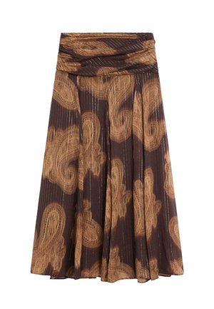 Gonna plissettata marrone con un motivo paisley testurizzato nelle tonalità beige e dorate. Presenta una vita arricciata e un design fluido.