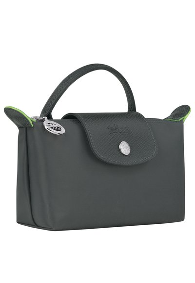 Dark gray bag with textured finish, single handle, rounded flap with snap closure, and green accent at the handle. Silver hardware detail.