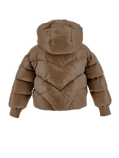 Doudoune marron matelassée avec capuche, poignets côtelés et motif de couture en forme de V dans le dos, vue de dos.