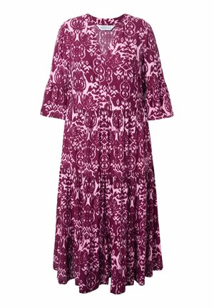 Abito a maniche corte a sbuffo con scollatura a V, in tessuto morbido e testurizzato, con fantasia viola e rosa e design a gonnellino a più strati.