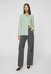 Blusa verde chiaro a maniche lunghe con colletto a revers; vestibilità ampia, materiale semi-trasparente. Paio di jeans grigio scuro a gamba larga; si chiude con un bottone.