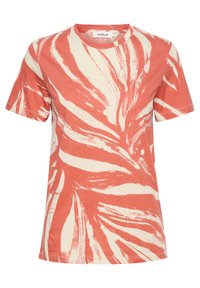 Kortärmad t-shirt i bomull, med en korallfärgad bas och vita bladliknande mönster samt rund halsringning.