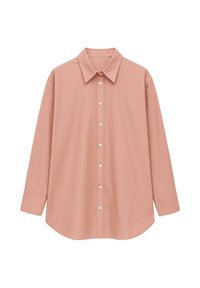 Gaiši rozā garām piedurknēm krekls ar klasiskām apkaklēm, poga-priekšu aizdari un izliekto apakšmalu. Gluda auduma un regulāras piegriezuma dizains.