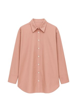 Svetloružová košeľa s dlhým rukávom a klasickým golierom, so zapínaním na gombíky a zakriveným lemom. Hladká tkanina a štandardný strih.
