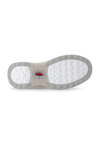 White rubber shoe sole with gray accents, featuring textured circular patterns for grip. Central logo and label indicating size included.