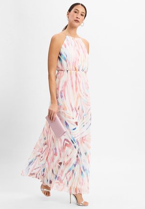 Maxi dress with a flowing silhouette, featuring a pastel abstract pattern in pink, blue, and white. Metallic heels and a pink clutch.