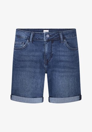 Donkerblauwe denim shorts met omgerolde zomen, voorzien van een vijf-pocketontwerp, een sluiting met een knoop aan de voorkant en een lichte vervaging door de stof.