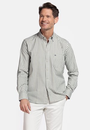 Grüne und weiße Karoshemd mit Button-Down-Kragen, langen Ärmeln und einer Brusttasche. Trägt man mit hellen Hosen.