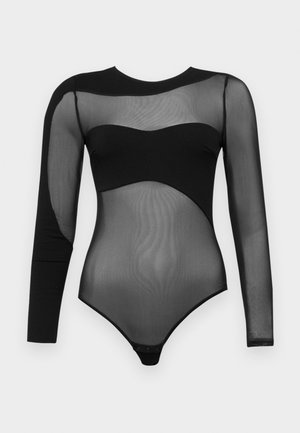 Bodysuit preto com mangas longas em malha e decote sólido. O design inclui uma textura justa e transparente com fechos de pressão na parte inferior.