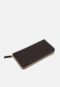 Black leather wallet with a smooth texture and gold zipper detail. Features a rectangular shape and slim profile.