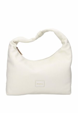 Borsa a spalla in morbida pelle bianca con manico imbottito e intrecciato e chiusura con cerniera, con una piccola patch logo BIASIA sul davanti.