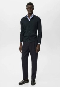 Cardigan a coste verde scuro sopra una camicia azzurro chiaro, abbinato a pantaloni scuri e scarpe nere. Design semplice con bottoni e silhouette aderente.