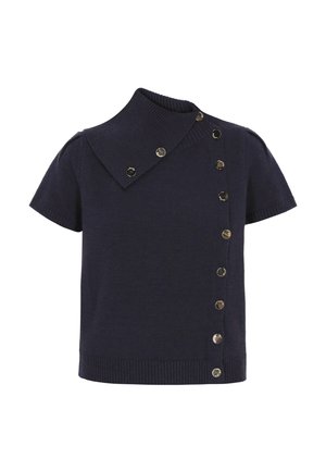 Granatowy sweter z krótkim rękawem, z asymetrycznym wysokim kołnierzem i skośnym rzędem błyszczących metalowych guzików z przodu.