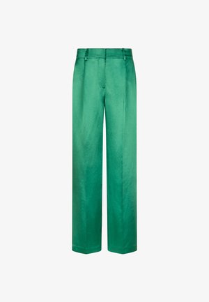 Groene wijde pijpen broek van soepel materiaal, met een vlakke voorkant, zijzakken en een op maat gemaakte tailleband met riemlussen.