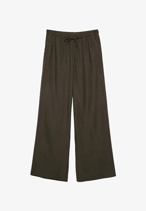 Dark brown wide-leg pants with an elastic waistband and adjustable drawstring. Made from a soft, lightweight fabric.