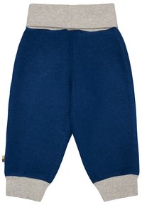 Dunkelblaue Sweatpants mit einem grauen elastischen Bund und Bündchen. Weicher, strukturierter Stoff ohne Taschen, mit einem kleinen mehrfarbigen Etikett an der Seite.