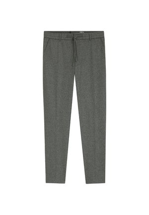 Pantaloni grigi su misura con vita a cordoncino, gambe affusolate, tasche laterali e un tessuto morbido e texturizzato. Nessun motivo o logo visibile.