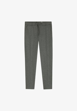 Gray tailored pants with a drawstring waist, tapered legs, side pockets, and a soft, textured fabric. No visible patterns or logos.