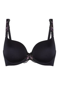 Schwarzer BH mit glatten Körbchen, Spitzenbesatz mit floralen Mustern in Lila und Grün, verstellbaren Trägern und einer zentralen dekorativen Schleife.