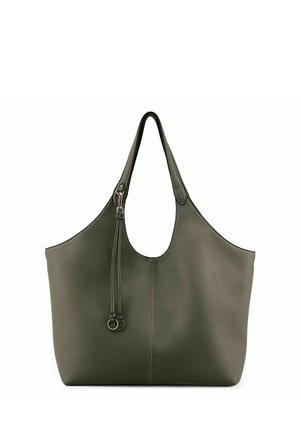 Olivgrüne Ledertasche mit langen doppelten Griffen und dekorativem Quastenanhänger nahe der Griffbefestigung.