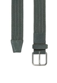 Szary pleciony pasek z teksturowanej tkaniny, wyposażony w prostokątną srebrną metalową klamrę oraz zakończony zwężonym końcem przypominającym zamsz.