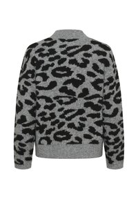 Gray sweater with black leopard print. Features a round neckline and ribbed cuffs, made from a soft, textured knit fabric.