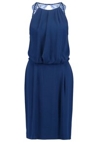 Robe bleu marine sans manches avec détails en dentelle au niveau de l'encolure, corps drapé, coupe légèrement décontractée, longueur mi-longue, tissu lisse.