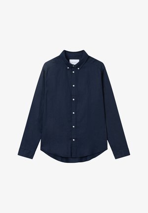 Navy blue long-sleeve button-up shirt made of textured fabric, featuring a pointed collar and white buttons along the front placket.