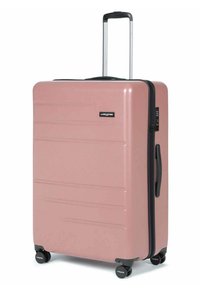 Valigia rigida rosa con superficie liscia, zip nera e maniglia retrattile. Presenta quattro ruote nere per una facile mobilità.