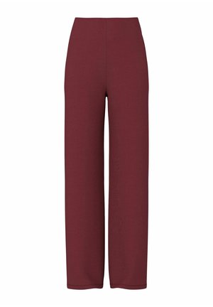 Pantalon large couleur bordeaux à taille haute, en tissu lisse. Présente un design épuré, des coutures verticales et aucun système de fermeture visible.