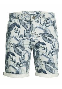 Pantalones cortos de color claro con un estampado de hojas de palma tropical en azul marino y verde. Presentan dobladillos enrollados y un cierre frontal con botón.
