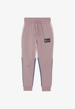 Hellrosa und taupe Jogginghosen mit dunkelblauen Seitenpanelen, elastischem Bund und Bündchen am Ende. Auf der Vorderseite befindet sich ein kleines Markenlabel.