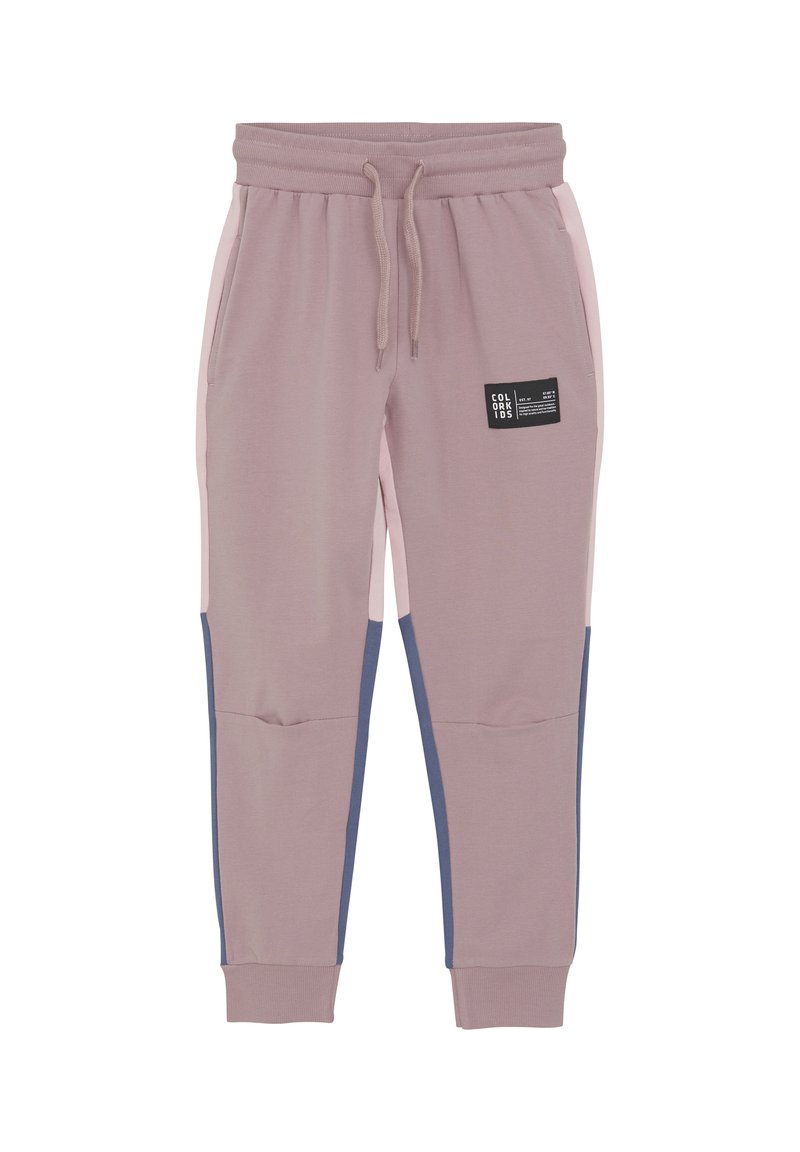 Ljusrosa och taupe joggers med marinblå sidopaneler, elastisk midja och avslutade fållar. Har en liten varumärkesmärke på framsidan.