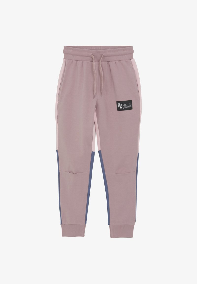 Jasnoróżowe i taupe dresy z granatowymi bokami, elastycznym paskiem w talii i ściągaczami u dołu. Zawiera małą naszywkę marki z przodu.