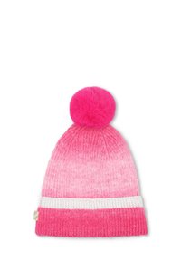 Πλεκτό σκουφάκι σε κλίμακα ροζ, με μια μεγάλη ροζ φουντίτσα στην κορυφή και μια λευκή οριζόντια ρίγα στο τελείωμα. Μαλακή υφή σε όλη του την επιφάνεια.