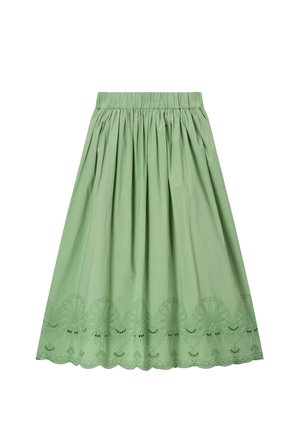Lichtgroene midi-rok met elastische tailleband en geschulpte zoom met ingewikkelde geborduurde uitgesneden bloemenpatronen.