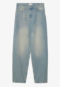 Svetle modré džíny z denimu s vysokým pasem, volným střihem, pěti kapsami a jemným vyblednutím podél nohavic. Klasické zapínání na knoflík a zip.