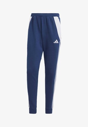 Navy athletic pants with white side stripes, elastic waistband, and ribbed cuffs. Made of soft, breathable material, featuring a logo detail.