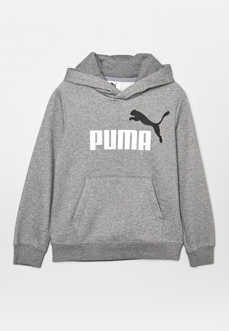 Felpa con cappuccio grigia realizzata in tessuto misto, con tasca frontale. Presenta un grande logo bianco "PUMA" e una grafica di un puma nero in salto.
