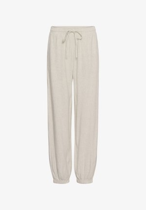 Beežid nööriga püksid, millel on elastne vöökoht ja mansetid, lahtine lõige, valmistatud kergest kangast, sobivad igapäevaseks kandmiseks.