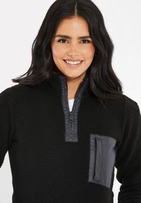 Pull en polaire noir avec un col zippé quart, présentant une poche poitrine noire mate en tissu lisse et des détails de couture visibles.