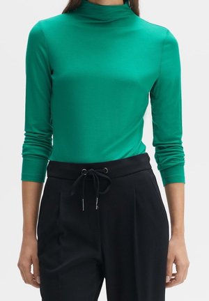 Frau trägt ein eng anliegendes grünes Langarm-Top mit Rollkragen und hoch taillierte schwarze Hose mit Kordelzug in der Taille.