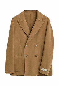 Bruine wollen dubbelbreasted blazer met notched lapels, twee voorzakken en decoratieve gouden knopen. Bevat een merklabel op de zoom.