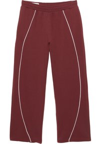 Bordeaux sweatpants lavet af blødt stof med en bred talje, der har hvide kontraststriber langs siderne. Lige ben design.