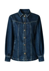 Mørkeblå denimjakke med knappestolpe foran, spiss krage, innsamlede ermer og kontrasterende sømmer. Klassisk design med sidelommer.