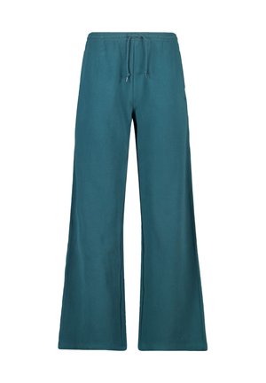 Teal wijdvallende broek met elastische tailleband en verstelbaar trekkoord, gemaakt van zacht materiaal, weergegeven tegen een witte achtergrond.